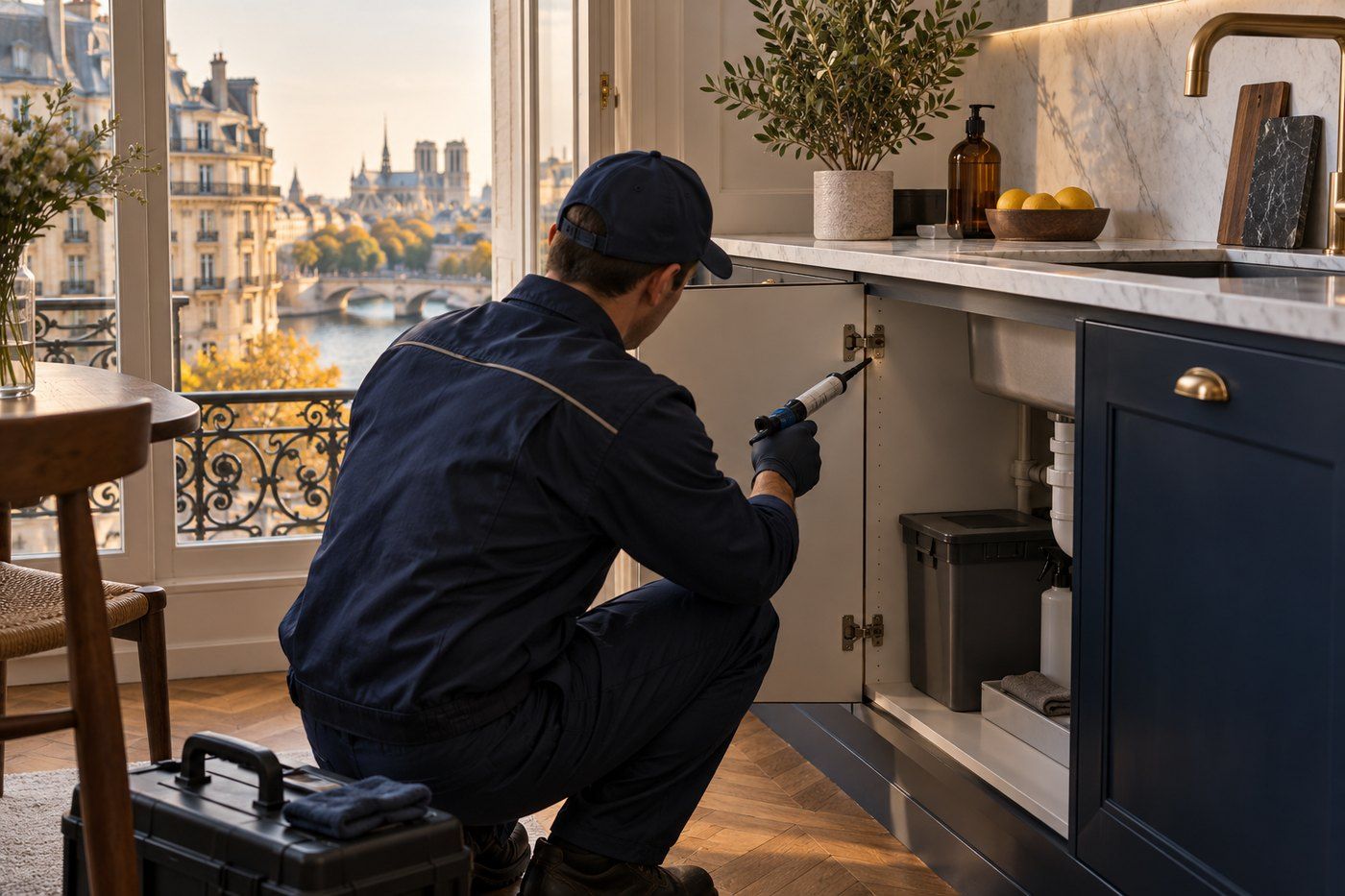 Technicien appliquant du gel anti-cafards sur les charnières d'un meuble sous évier, à Paris