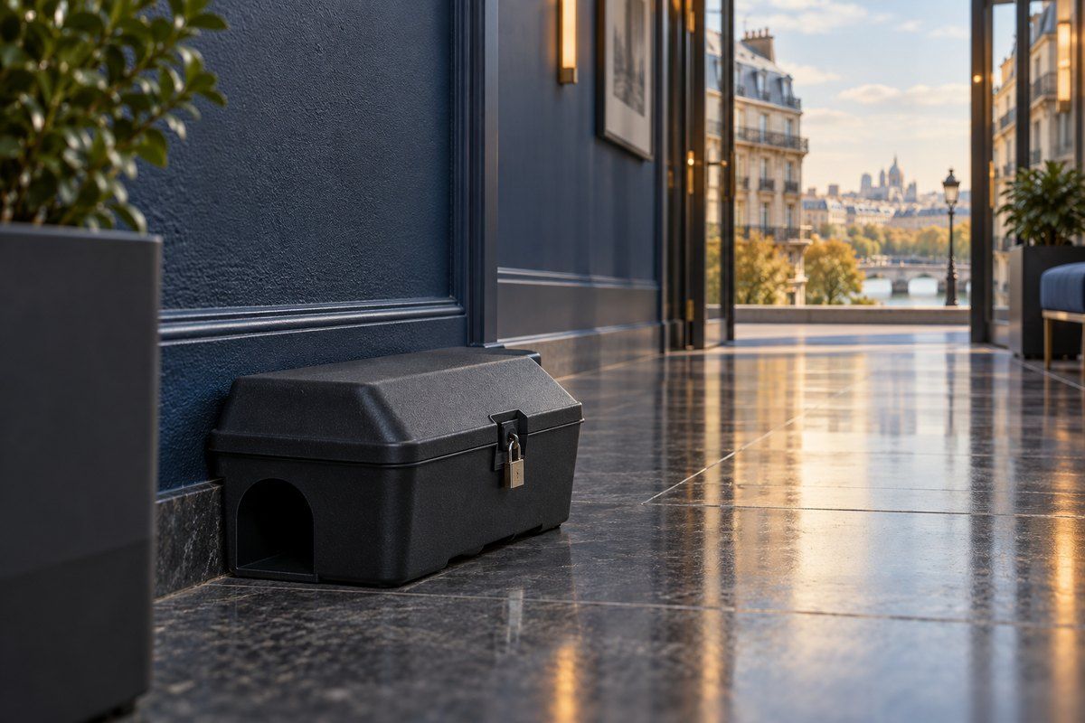 Boîte d'appâtage verrouillée installée contre un mur